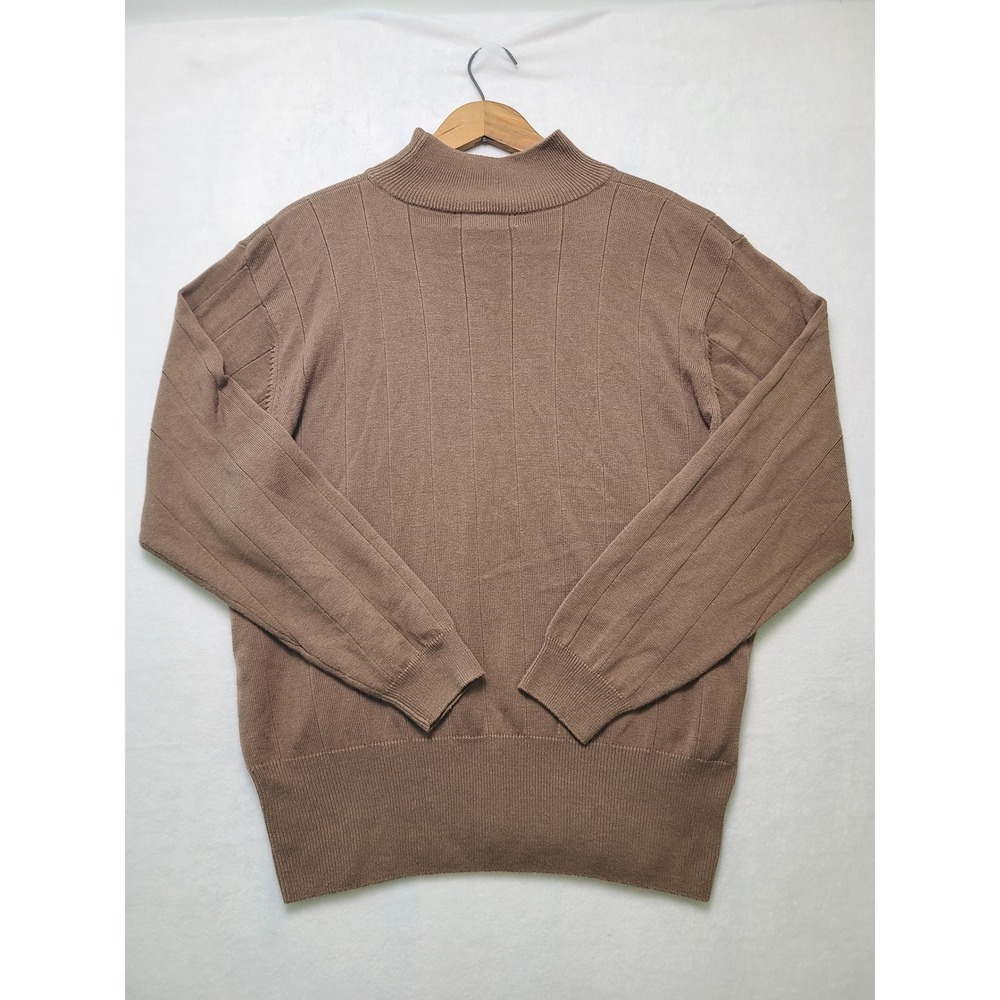 Vtg Dressbarn L Sweater Cotton Preppy Brown Mock Neck Ribbed Knit Academia Y2K